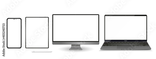 Realistic set of monitor, laptop, tablet, smartphone - Stock Vector illustration.