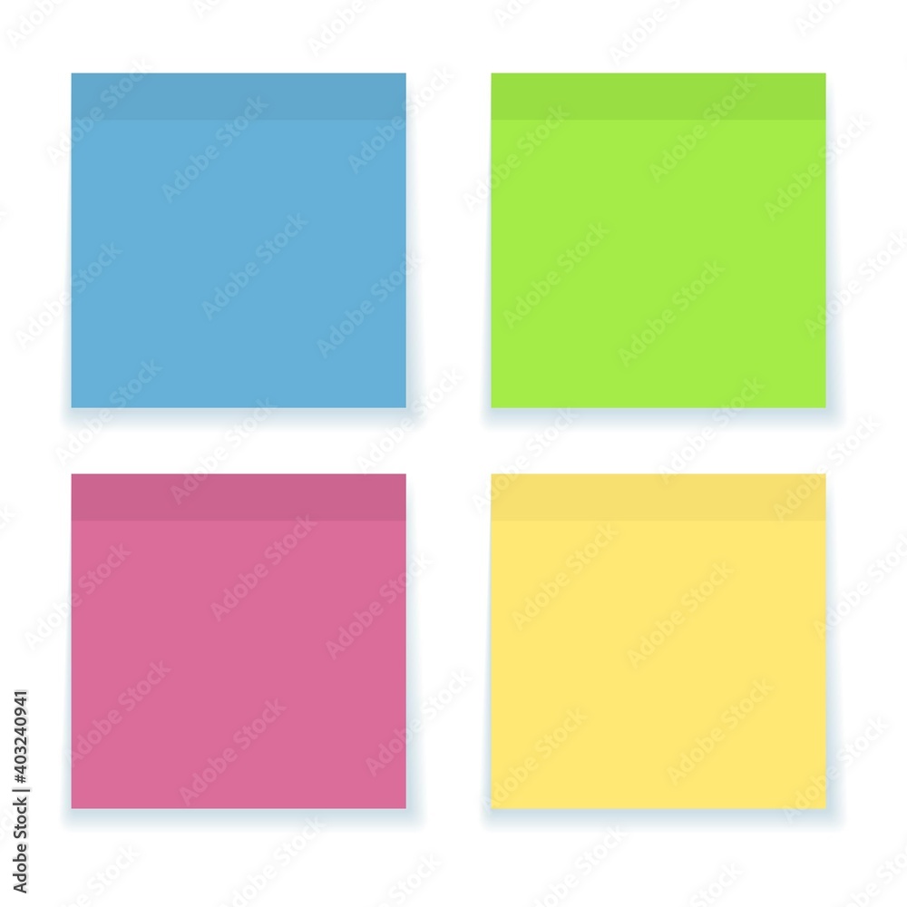 Set of color sticky notes with shadow. Four - blue, green, pink, yellow - adhesive reminder note papers icon.
