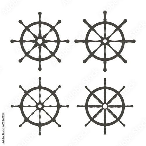 Monochrome steering boat wheels set icon. Travel concept. Rudder, helm symbol. Template for mobile, website app or infographics materials.