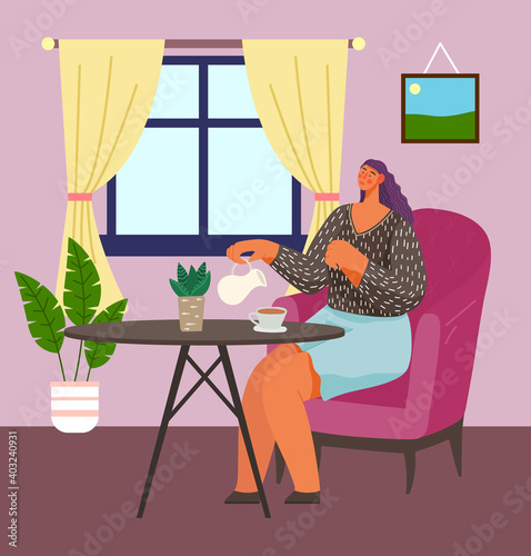 Young woman sitting on modern armchair at home room interior. Flat style female character at a table with cup of coffee vector illustration. Spending time at home, relaxing after work, drinking tea