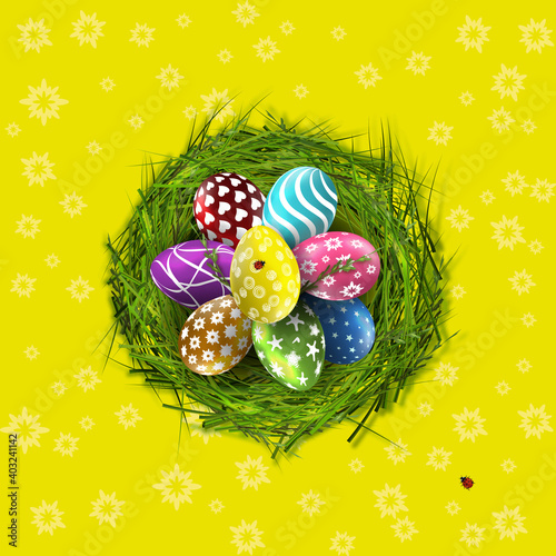 Easter banner. Template with Easter eggs in grass nest for greeting card or promotion and shopping template for Easter.