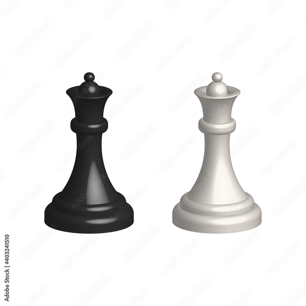 Chess piece 3D realistic icon. Smart board game elements. Chess queen black and white silhouettes vector illustration isolated on white. Chess piece 3D realistic icon. Smart board game elements. Chess queen black and white silhouettes vector illustration isolated on white.