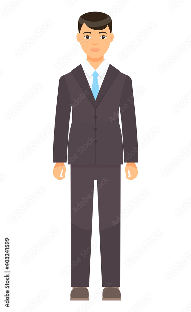 Isolated cartoon character businessman wearing stylish brown suit, blue tie. Man in jacket and trousers, white shirt. Business person style. Dresscode of office worker. Brown-haired guy, cloth element