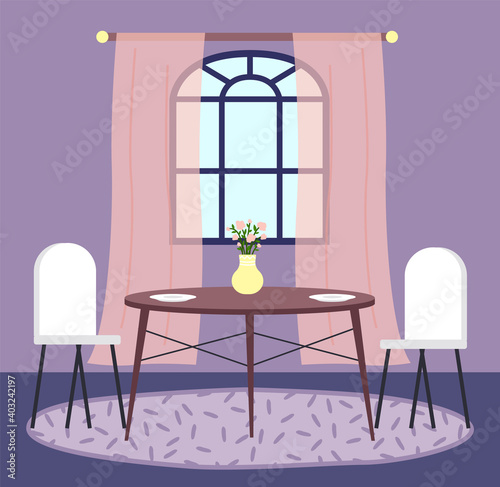 Flat illustration of home interior. Cozy corner of the room near window with chairs and table with a bouquet in a vase. Living room with a place for tea and family gatherings. Dining room furniture