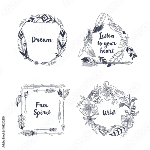 Hand drawn boho style frames with place for your text. Arrow and feather art vector illustration