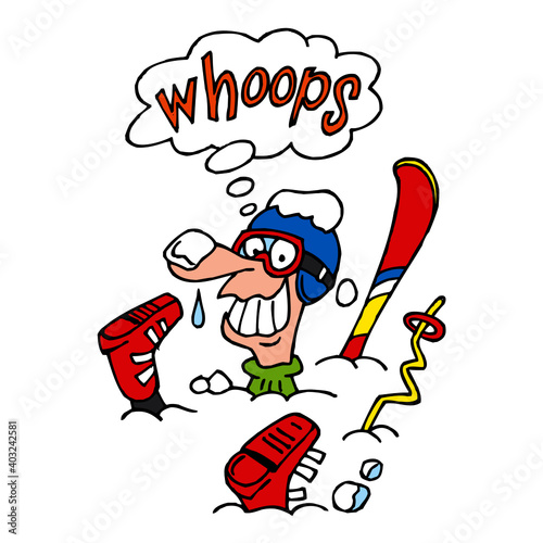Skier is broken and up to his neck in a snowdrift, sport joke, color cartoon