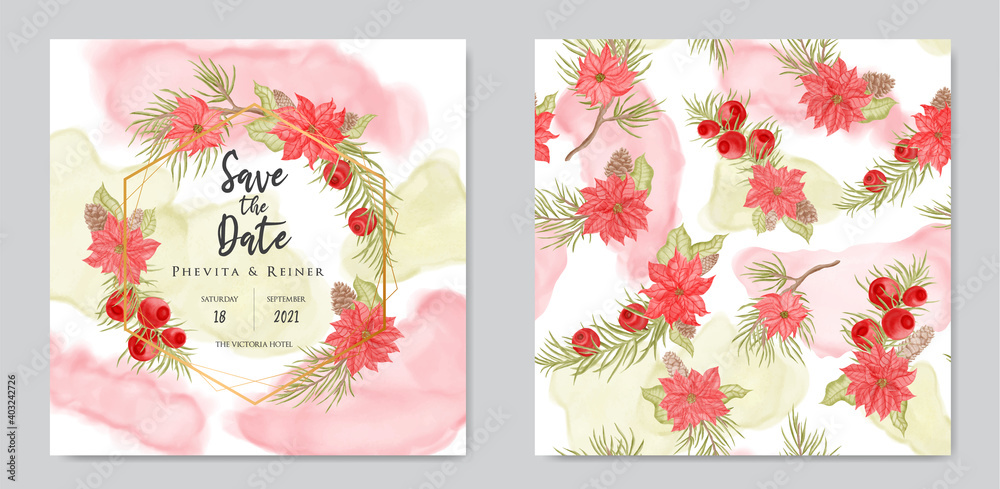 Beautiful wedding invitation card template with floral seamless pattern bundle