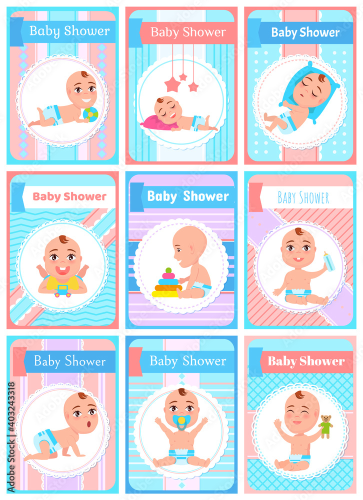 Cartoon set with cute little babies in diaper. Happy toddler plays with toy, baby shower, child learning to walk, baby smiling, child sits on potty, toddler crawling on the floor. Little kid Cartoon set with cute little babies in diaper. Happy toddler plays with toy, baby shower, child learning to walk, baby smiling, child sits on potty, toddler crawling on the floor. Little kid