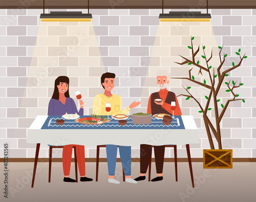 The family dines with food in Georgian-style restaurant. Relatives eat traditional dishes in cafe. Georgians taste traditional food. Table with khinkali and adjarian khachapuri vector illustration