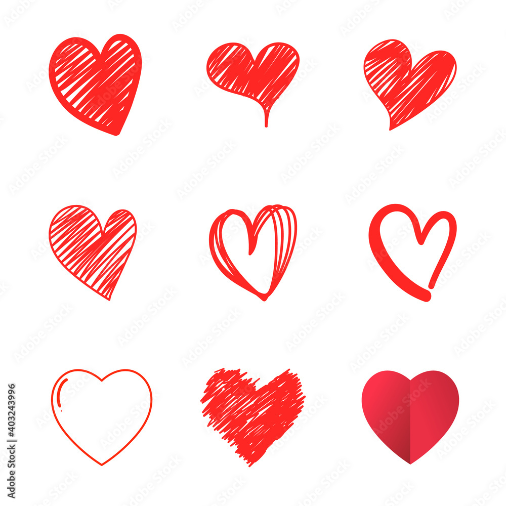 Hearts hand drawn set isolated on white background for Valentine's day