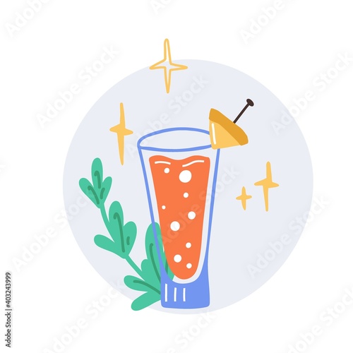 Tropical cocktail. Hand drawn exotic cold alcoholic beverage on palm leaves background, minimal style bar drinks decoration, doodle trendy poster, vector illustration isolated on white background