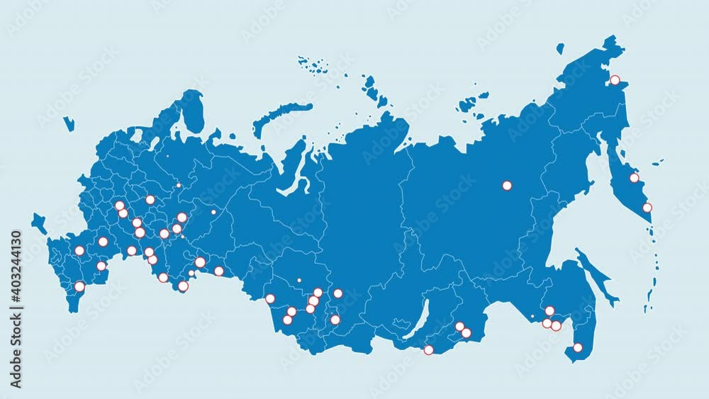 Two color variations of the animated map of Russia with the appearance of a huge variety of emerging dots. Blue and green colors. 2D flat animation isolated on blue background with alpha luma matte 4k