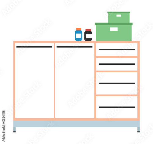 Chest of drawers with medicines isolated on white background. Furniture for a doctor s office. Equipment for design laboratory, clinic, hospital, pharmacy. Shelves for storing boxes and medical tools