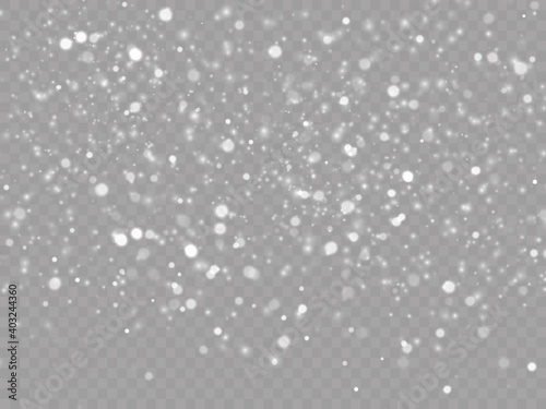 realistic falling snow or snowflakes. Isolated on transparent background - stock vector.