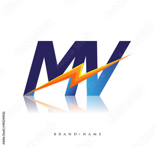 Letter MV logo with Lightning icon, letter combination Power Energy Logo design for Creative Power ideas, web, business and company.