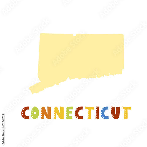 USA collection. Map of Connecticut - yellow silhouette. Doodling style lettering photo