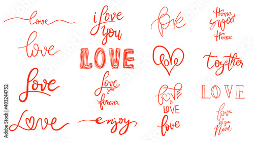 Love hand drawn lettering set in Valentines day isolated on white background,Vector illustration EPS 10