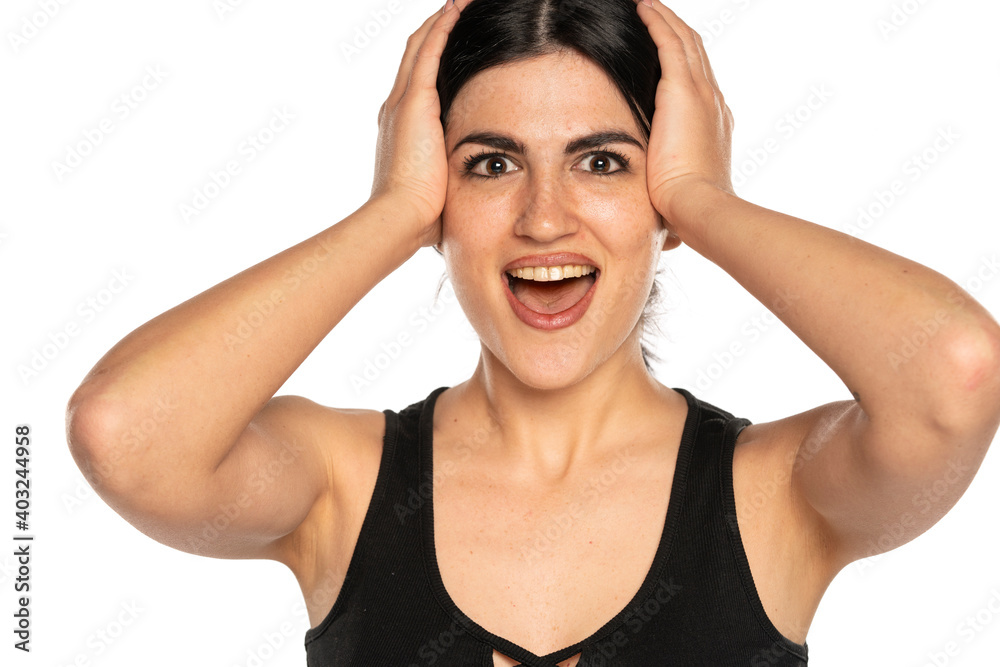 happy and amazed young freckled woman with no makeup happy and amazed young freckled woman with no makeup