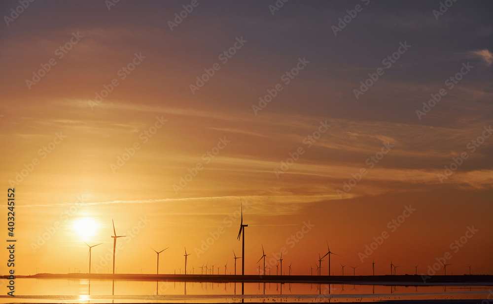 Many of windmills on the Jarilgach island, Ukraine. Sunset time