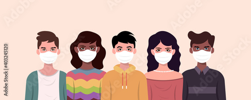 Group of men and women of diverse culture wearing medical mask. Diversity multi-ethnic and multiracial people. Concept of racial equality and anti-racism. Multicultural society.