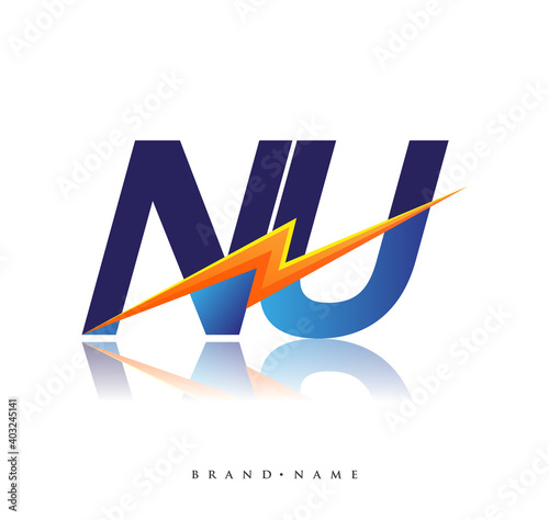 Letter NU logo with Lightning icon, letter combination Power Energy Logo design for Creative Power ideas, web, business and company.