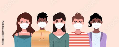 Group of men and women of diverse culture wearing medical mask. Diversity multi-ethnic and multiracial people. Concept of racial equality and anti-racism. Multicultural society.