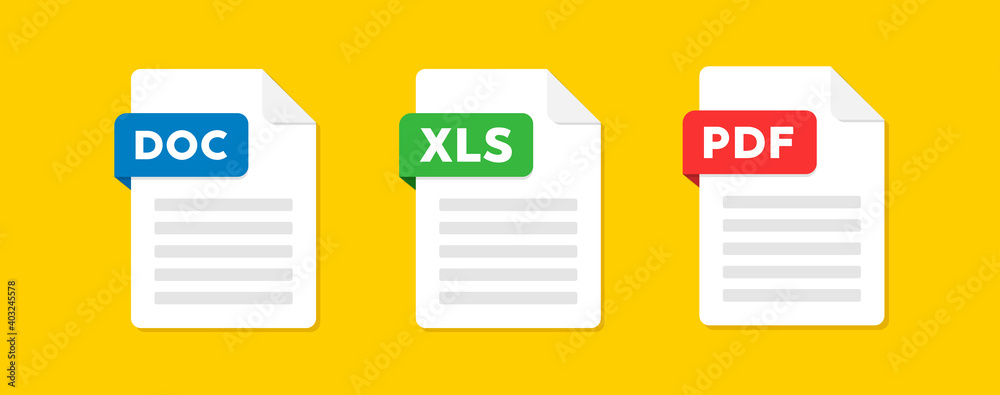 Document file icons. Doc, Pdf, Xls flat icon. Vector illustration.