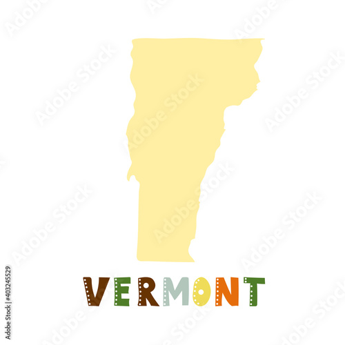 USA collection. Map of Vermont - yellow silhouette. Doodling style lettering