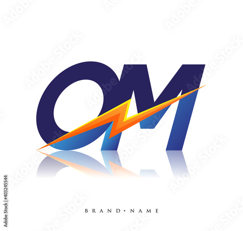 Letter OM logo with Lightning icon, letter combination Power Energy Logo design for Creative Power ideas, web, business and company.