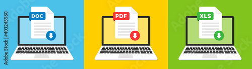 Document file icons. Doc, Pdf, Xls flat icon. Vector illustration.