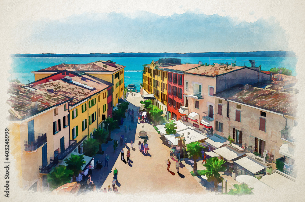Watercolor drawing of Sirmione aerial panoramic view of historical centre pedestrian street Castle square piazza Castello, multicolored colorful buildings