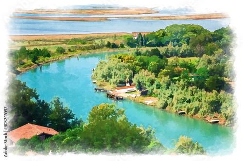 Watercolor drawing of Aerial view of Torcello islands, water canal with fishing boats, green trees and bushes, swamp. View of Venetian Lagoon