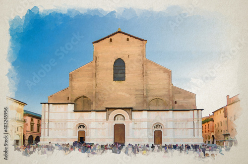 Watercolor drawing of Bologna: Basilica di San Petronio church building facade and many walking people tourists on Piazza Maggiore square photo