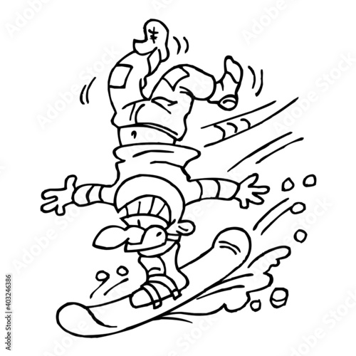 Snowboarder doing handstand on his board and going downhill, winter sport joke, black and white cartoon