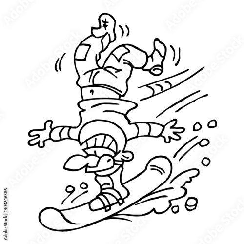 Snowboarder doing handstand on his board and going downhill, winter sport joke, black and white cartoon