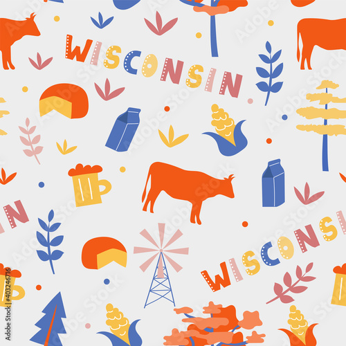 USA collection. Vector illustration of Wisconsin theme. State Symbols - seamless pattern