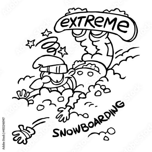 Snowboarder had an accident and fell into the snow, extreme snowboarding, winter sport joke, black and white cartoon