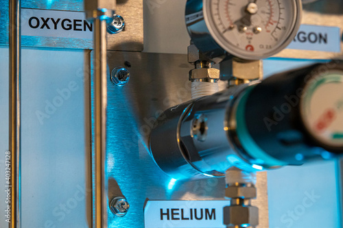 Oxygen helium nitrogen argon pipes in a research labaoratory