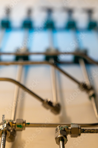 Oxygen helium nitrogen argon pipes in a research labaoratory