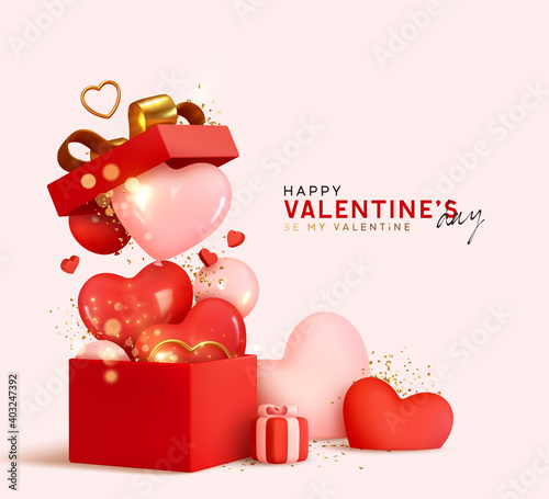 Valentine's day design. Realistic red gifts boxes. Open gift box full of decorative festive object. Holiday banner, web poster, flyer, stylish brochure, greeting card, cover. Romantic background