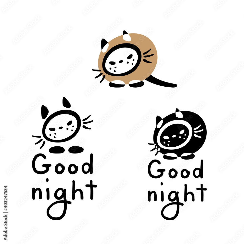 Fototapeta premium Three cat icons and Good Night lettering. Hand-drawn cartoon collection. Vector illustration