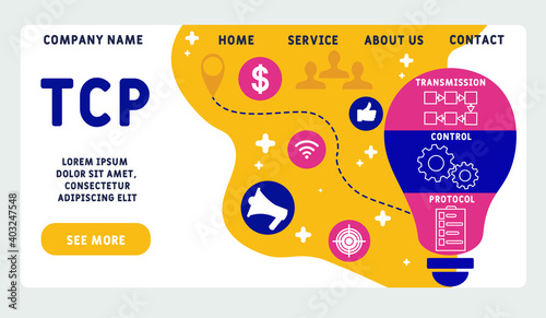 Vector website design template . TCP - Transmission Control Protocol  acronym. business concept background. illustration for website banner, marketing materials, business presentation, online advertis