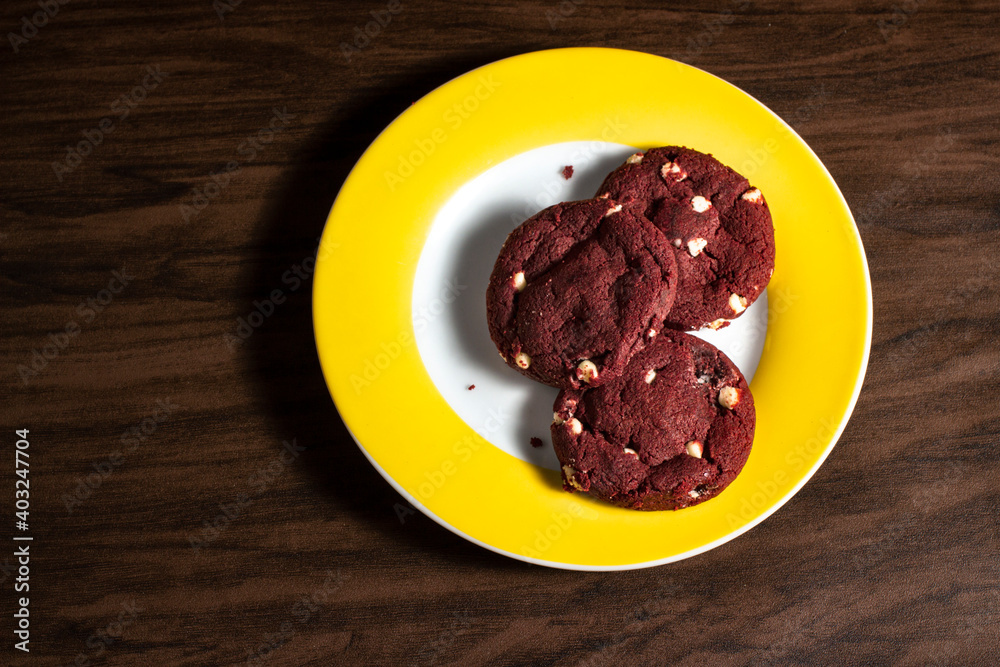 Red Velvet cookie with white chocolate. Top view Red Velvet cookie with white chocolate. Top view