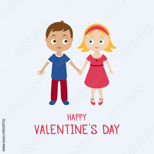 Happy Valentine's Day greeting card with cute couple kids vector. Two cute kids holding hands icon vector. Valentine kids icon vector. Important day