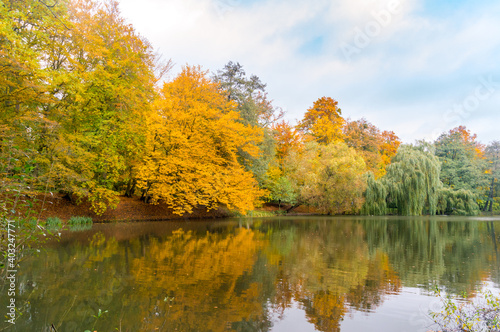 Upper pond in Orunia Park at autumn in Gdansk, Poland.