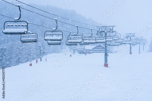 Auron, France 01.01.2021 Empty ski slopes and ski lifts. During the winter holidays of 2020 December and 2021 January lifts are closed for skiing for adults during to the coronavirus pandemic. 