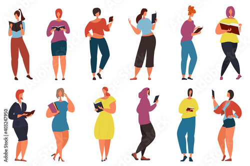 Collection of beautiful women reading a book. Students are preparing for the exam. Set of readers of modern literature. Isolated on white, vector flat cartoon. People read books while standing.