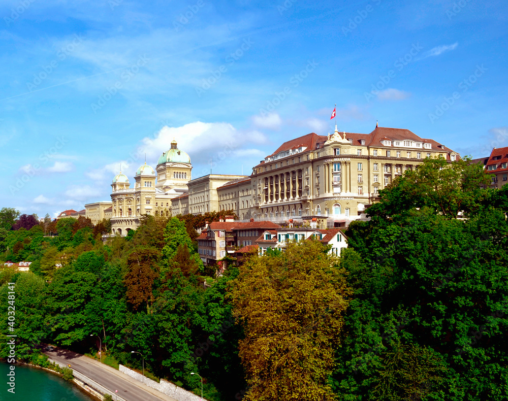 View toward Swiss Parliament Building from a Bridge over Aare River in Bern
