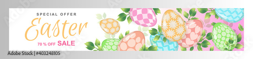 Easter sale. Advertising banner. Spring discount. Vector Easter eggs and bright spring leaves. For store brochure, web banner, flyer.