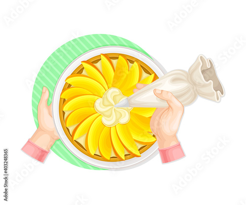 Human Hands Decorating Pie with Whipped Cream from Pastry Bag Above View Vector Illustration